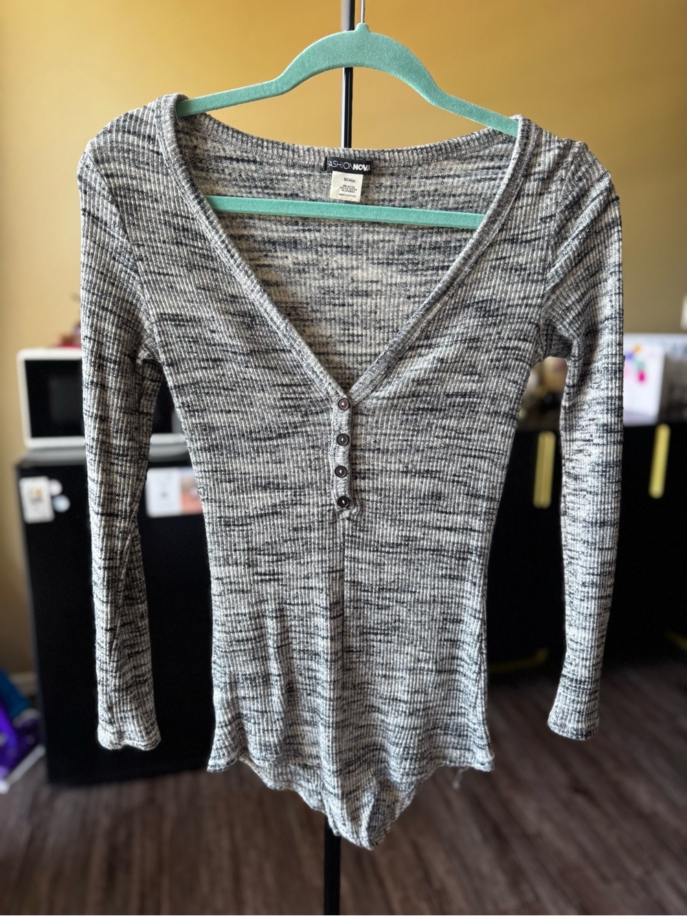 Fashion Nova Gray Ribbed Long-Sleeve V-Neck Romper